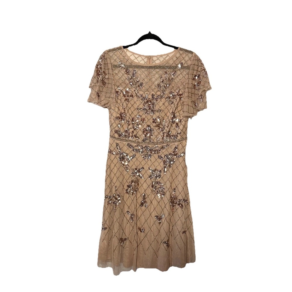 Adrianna Papell‎ Womens Elegant Beaded Flutter Sleeve Midi Dress Rose Gold S 10